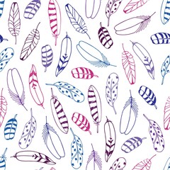 Seamless Pattern with Feathers. Hand drawn color vector illustration. Boho style. Sketch isolated on white background. For print , textile, fabric, wrapping paper, wallpaper, scrapbooking.