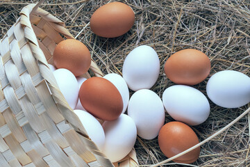 a lot of fresh chicken eggs in a straw basket on a background of hay. Healthy eating concept