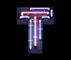 Neon in metal casing font. Letter T.