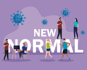 New normal of people with mask and desk design of covid 19 virus and prevention theme Vector illustration