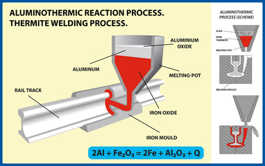 Aluminothermic reaction process. 
Thermite welding process. Vector illustration. - obrazy, fototapety, plakaty