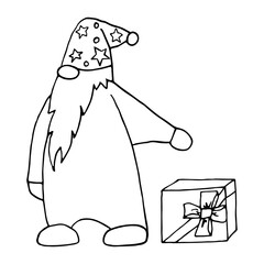 Cute gnome with a beard and a hat with stars isolated on a white background. Vector Doodle. Freehand drawing