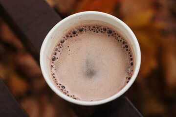 Hot chocolate in a Cup on a wooden bench 