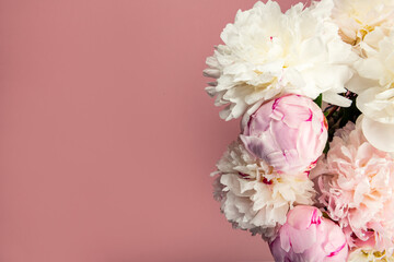 Abundance of Fresh bunch of Peonies Bouquet of different pink colors on pink background. Card Concept, copy space for text