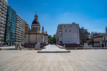 back of municipality and cathedral in the historic flag monument in the city of Rosario, Argentina