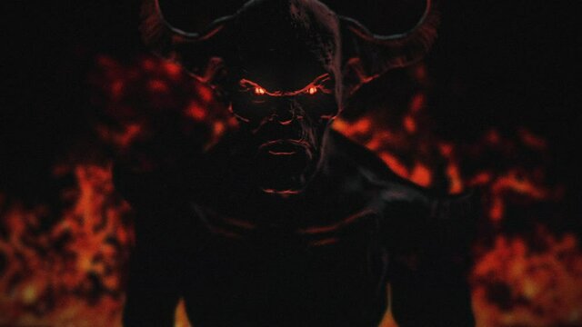 Animation of the appearance of a devil from the darkness or fire. Horror or religion scene.