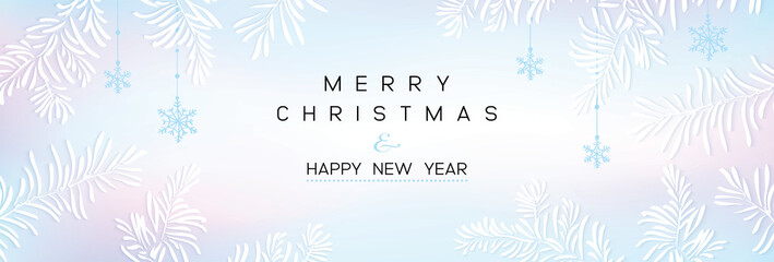 Naklejka na ściany i meble Christmas banner with branches of christmas tree on blue gradient. Happy new year greeting.