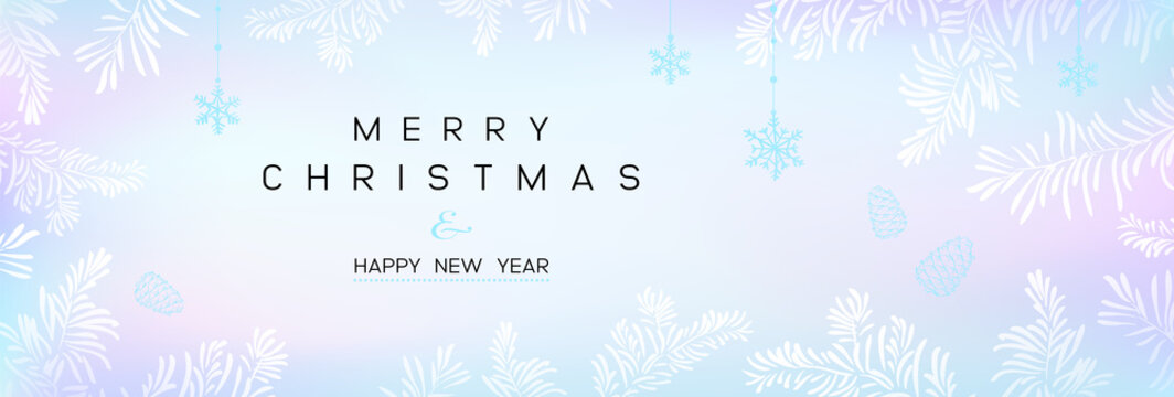 Christmas banner with branches of christmas tree on blue gradient. Happy new year greeting.