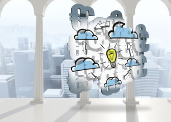 Composite image of light bulb and clouds on abstract screen