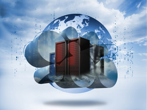 Composite image of server towers on abstract screen - Powered by Adobe