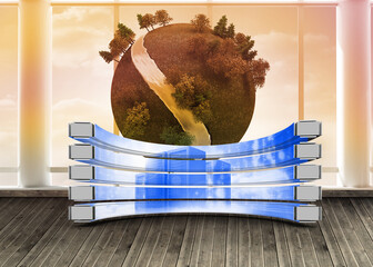 Composite image of server tower on abstract screen