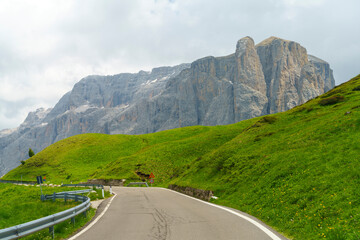 Mountain landscape along the road to Sella pass, Dolomites