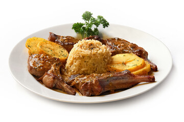 lamb in sauce with rice and potatoes