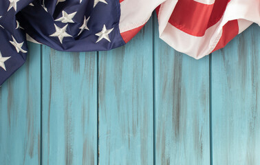 An American flag or bunting on a wooden background.