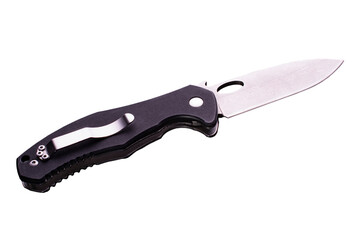 open folding pocket knife with textured black composite plastic cover plates on steel handle isolated on white background.