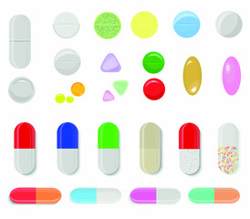 Large vector set of tablets and capsules, set, medications, antibiotics and antivirals isolated on a white background