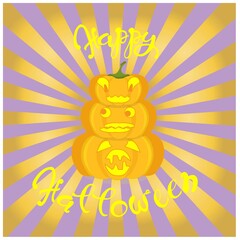 Halloween pumpkin emoji set on gold rays Happy Halloween banner. Orange funny cartoons art design element object isolated stock vector illustration for web, for print
