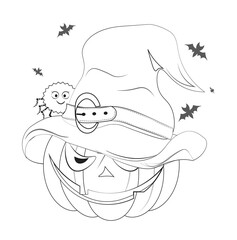 Halloween pumpkin in witch hat and spider Coloring book