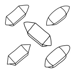 Set of sweets in a retro wrapper, vintage doodle style. Outline coloring book hand drawn blank packaging sweet candy