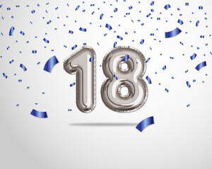 Happy 18th birthday with realistic foil balloons text on silver background and blue confetti. Set for Birthday, Anniversary, Celebration Party. Vector stock.