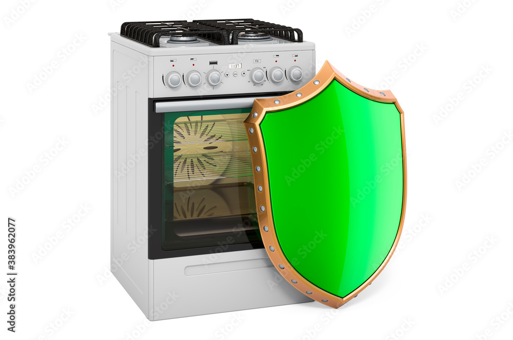 Poster gas stove with shield. guarantee and protection gas range with oven concept. 3d rendering