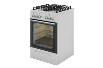 Gas range with oven and 4 burners, side view. 3D rendering