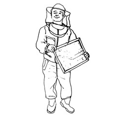 Vector illustration.Image in black outline a cheerful young beekeeper in a protective suit working in an apiary, honey production process isolated on a white background.