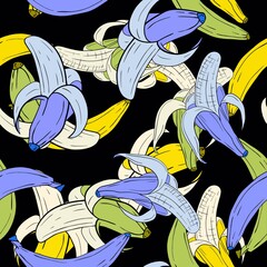 Seamless pattern. Colored bananas on a black background. Peeled banana.