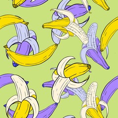 Seamless pattern. Colored bananas on a white background. Peeled banana.