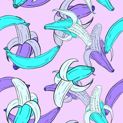 Seamless pattern. Lilac, blue bananas on a pink background. Peeled banana.