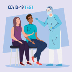 covid 19 virus test doctor woman and man on chair design of ncov cov and coronavirus theme Vector illustration