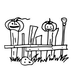 An old abandoned fence with pumpkins at the top and a skull by the fence below. Illustration for the holiday Halloween drawn in outline style doodle. Vector.