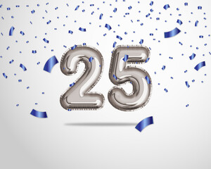 Happy 25th birthday with realistic foil balloons text on silver background and blue confetti. Set for Birthday, Anniversary, Celebration Party. Vector stock.