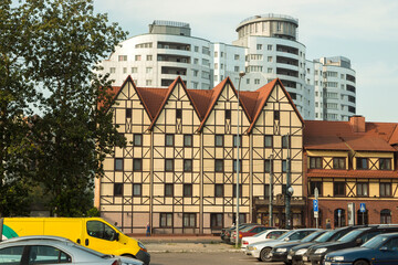 Nice view of the Fish Village complex. Early autumn. The city of Kaliningrad. Russia September 2020