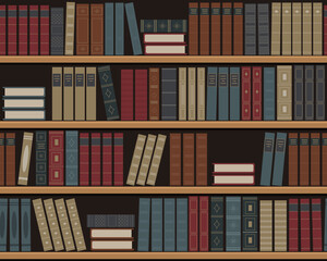 Bookshelves with books. Seamless background. Old books on the shelves. Library of retro books. Bookstore. Vector illustration.
