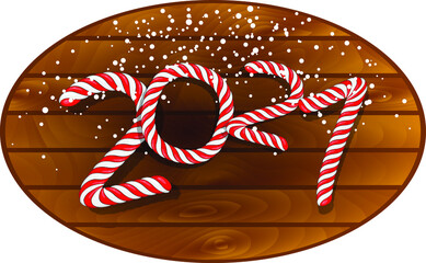 Numbers for Merry Christmas and Happy New Year Holiday poster and greeting card on wood plaque. Vector Illustration 2021 in Christmas candy cane design style. Candy stick and wooden plate