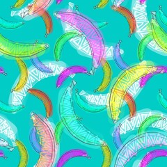 Seamless pattern with multicolored bananas on a blue background. Endless pink, yellow, green, cyan, purple, orange  bananas background.