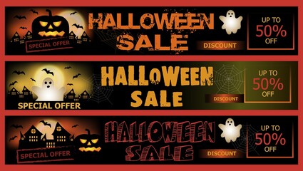 Naklejka premium Halloween Sale banner collection. Background with pumpkin and ghost. Vector