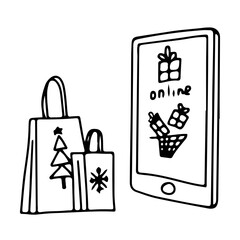 Illustration of a smartphone on the screen of which gifts are in the basket.  Online order.  Nearby are two paper bags, one with a snowflake, the other with a Christmas tree.  Vector.