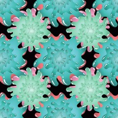Seamless pattern with abstract flowers. Corals background. Violet, orange, pink, red, lilac, purple colors. Fantastic liquid flowers wallpaper.