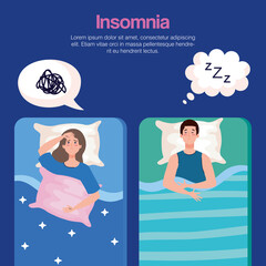 insomnia woman and man on bed with bubbles design, sleep and night theme Vector illustration