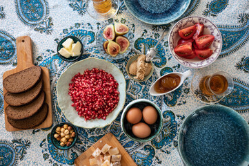 Turkish style breakfast in blue colors