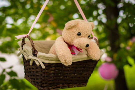 street decorations for a children's party. A basket with a teddy bear in a air balloon in a green park