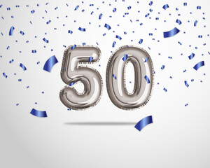 Happy 50th birthday with realistic foil balloons text on silver background and blue confetti. Set for Birthday, Anniversary, Celebration Party. Vector stock.