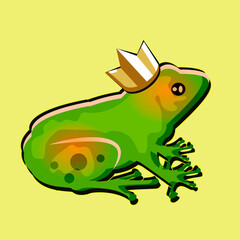isolated vector image. the frog in the crown. flat graphics, icon. logo, persona. cute fairy amphibian, enchanted Princess or Prince. appearance, perception, story.

