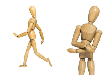 Wooden figure doll pose in cross arms gesture on white background