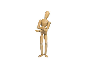 Wooden figure doll pose in cross arms gesture on white background