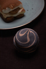 Dessert of cake and marshmallow on a wooden tray. Delicious breakfast