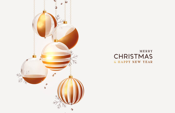 Decoration Xmas Realistic balls bauble hanging on ribbon. Merry Christmas and Happy New Year. Background with festive 3d golden balls. Falling Tinsel glitter gold confetti. vector illustration