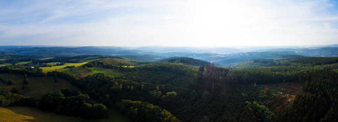 Fototapeta na wymiar forest hills in the evening sun as a high definition panorama
